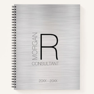 DIY Monogram Name Profession Date, Blk Grey Silver Notebook