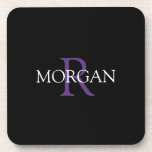 DIY Monogram & Name, Purple & White Text, Black Coaster<br><div class="desc">Personalize with your Monogram and Name In Purple and White Text. This simple Classic Black Design can also be used to promote your Company Name.</div>
