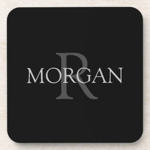DIY Monogram & Name, Trendy Black with Grey Text Coaster