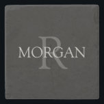 DIY Monogram & Name, Trendy Black with Grey Text Stone Coaster<br><div class="desc">Personalize with your Monogram and Name In Grey Text. This simple Classic Black Design can also be used to promote your Company Name.</div>