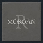 DIY Monogram & Name, Trendy Black with Grey Text Stone Coaster<br><div class="desc">Personalize with your Monogram and Name In Grey Text. This simple Classic Black Design can also be used to promote your Company Name.</div>