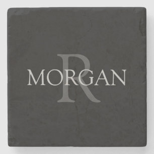 DIY Monogram & Name, Trendy Black with Grey Text Stone Coaster