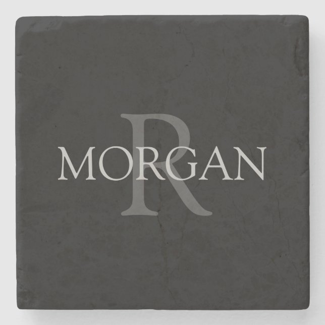DIY Monogram & Name, Trendy Black with Grey Text Stone Coaster (Front)