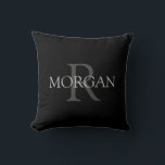 DIY Monogram & Name, Trendy Black with Grey Text Throw Pillow<br><div class="desc">Personalize with your Monogram and Name In Grey Text. This simple Classic Black Design is sure to get attention. Can also be used to promote your Company Name.</div>