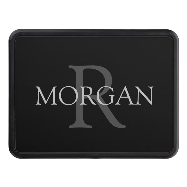 DIY Monogram & Name, Trendy Black with Grey Text Trailer Hitch Cover (Front)