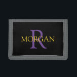 DIY Monogram & Name, Trendy Gold & Purple Text Trifold Wallet<br><div class="desc">Personalize with your Monogram and Name In Purple and Gold Text on black background. Click “Customize” to change colours and type styles.</div>