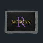 DIY Monogram & Name, Trendy Gold & Purple Text Trifold Wallet<br><div class="desc">Personalize with your Monogram and Name In Purple and Gold Text on black background. Click “Customize” to change colours and type styles.</div>