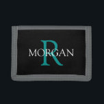 DIY Monogram & Name, Trendy Teal & White Text Trifold Wallet<br><div class="desc">Personalize with your Monogram and Name In Teal and White Text on black background. Click “Customize” to change colours and type styles.</div>