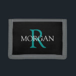 DIY Monogram & Name, Trendy Teal & White Text Trifold Wallet<br><div class="desc">Personalize with your Monogram and Name In Teal and White Text on black background. Click “Customize” to change colours and type styles.</div>