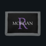 DIY Monogram & Name, Trendy White & Purple Text Trifold Wallet<br><div class="desc">Personalize with your Monogram and Name In Purple and White Text on black background. Click “Customize” to change colours and type styles.</div>