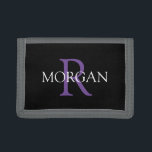 DIY Monogram & Name, Trendy White & Purple Text Trifold Wallet<br><div class="desc">Personalize with your Monogram and Name In Purple and White Text on black background. Click “Customize” to change colours and type styles.</div>