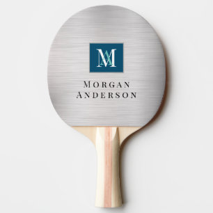 DIY Monogram & Name Wh/Teal, Blue, Brushed Silver Ping Pong Paddle