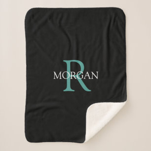 DIY Monogram Name White & Dark Teal Text, Black Sherpa Blanket