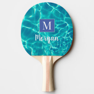 DIY Monogram & Name White, Med Blue Box Pool Water Ping Pong Paddle