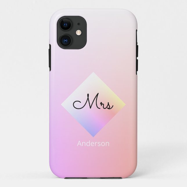 DIY Mrs & Name, Rainbow Diamond, Pink/White Ombre Case-Mate iPhone Case (Back)