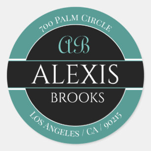 DIY Name Address Monogram, Deep Teal Black & White Classic Round Sticker