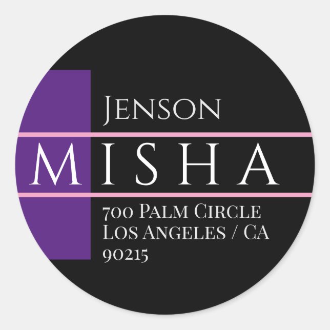 DIY Name & Address / Royal Purple, Black and Pink Classic Round Sticker (Front)