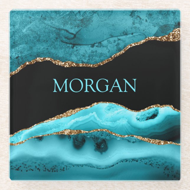DIY Name, Black, Gold & Teal Agate Glass Coaster (Front)