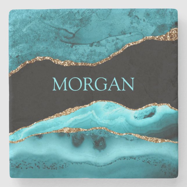 DIY Name, Black, Gold & Teal Agate Stone Coaster (Front)