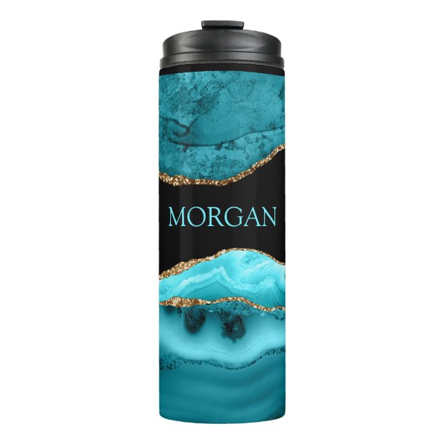 DIY Name, Black, Gold & Teal Agate Thermal Tumbler (Front)