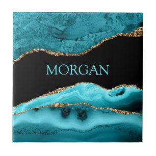 DIY Name, Black, Gold & Teal Agate Tile