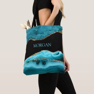 DIY Name, Black, Gold & Teal Agate Tote Bag