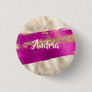 DIY Name Brush Text Fuchsia Platinum Faux Metallic 1 Inch Round Button