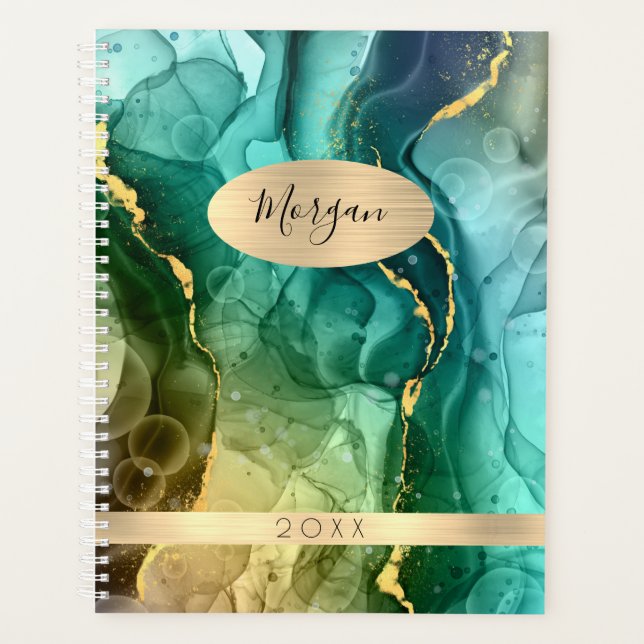 DIY Name & Date, Teal & Gold Ink Abstract Planner (Front)
