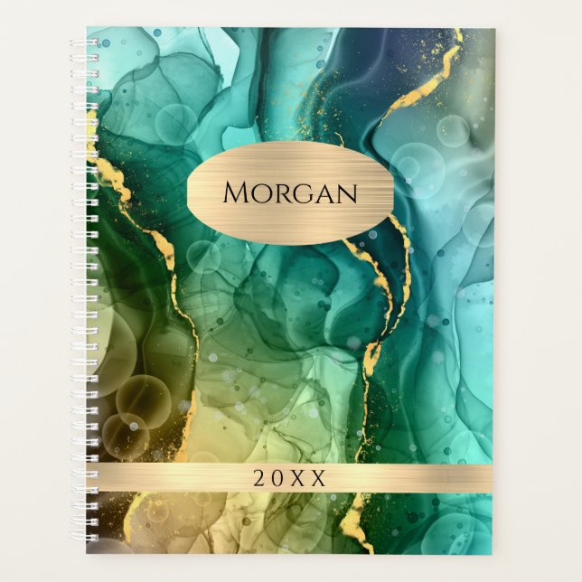 DIY Name & Date, Teal & Gold Ink Abstract, Vs 2 Planner (Front)