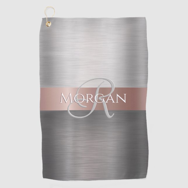 DIY Name & Initial Brushed Silver Rose Gold Stripe Golf Towel (Front)