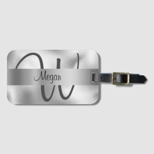 DIY Name/Large Monogram, Black/Grey Text, Silver Luggage Tag