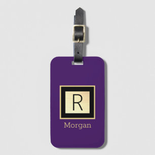 DIY Name & Monogram, Black & Gold Box, Deep Purple Luggage Tag