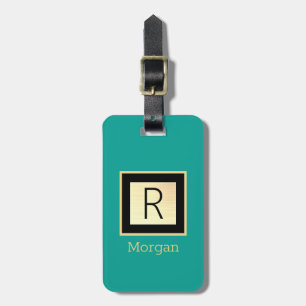 DIY Name & Monogram Black & Gold Box, Teal Luggage Tag