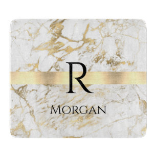  DIY Name & Monogram Blk Text, White & Gold Marble Cutting Board
