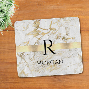  DIY Name & Monogram Blk Text, White & Gold Marble Cutting Board