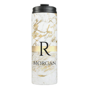 DIY Name & Monogram Blk Text, White & Gold Marble Thermal Tumbler