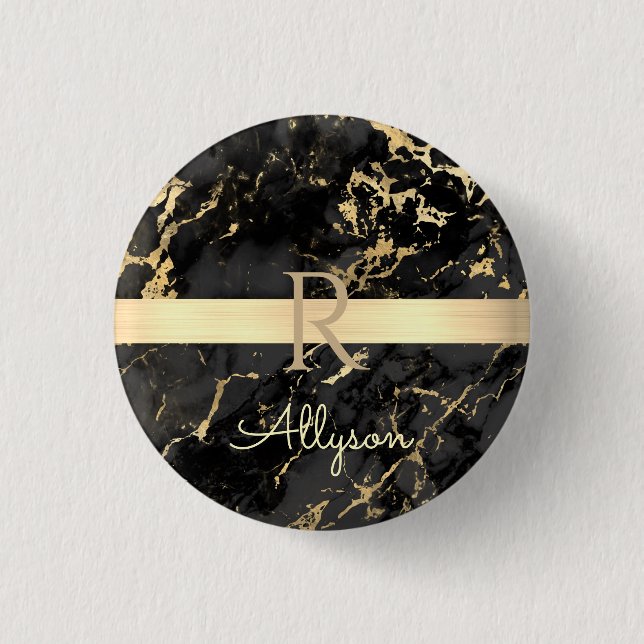DIY Name & Monogram, Gold Bar, Black & Gold Marble 1 Inch Round Button (Front)