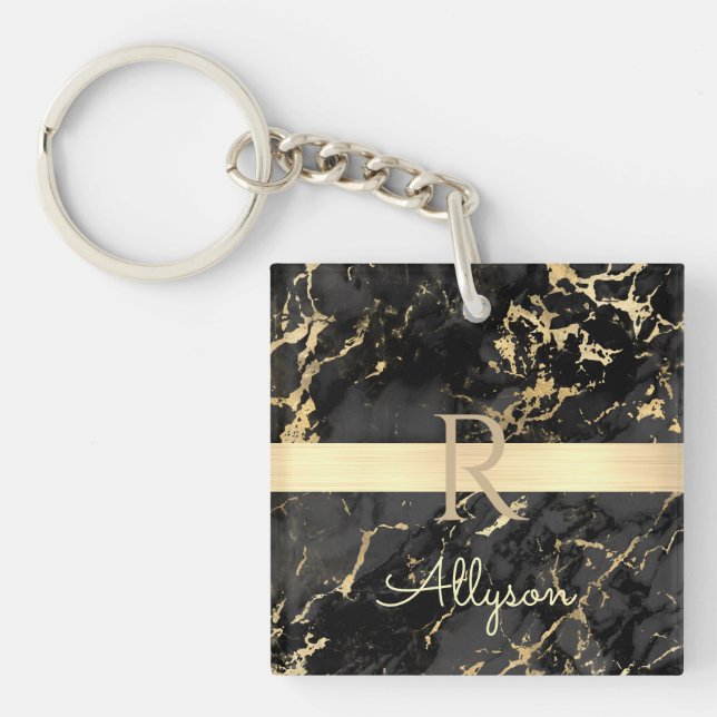 DIY Name & Monogram, Gold Bar, Black & Gold Marble Keychain (Front)