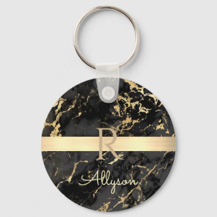 DIY Name & Monogram, Gold Bar, Black & Gold Marble Keychain