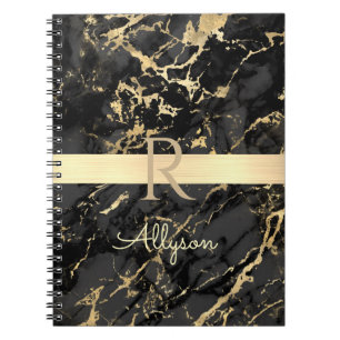 DIY Name & Monogram, Gold Bar, Black & Gold Marble Notebook