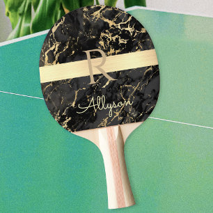 DIY Name & Monogram, Gold Bar, Black & Gold Marble Ping Pong Paddle