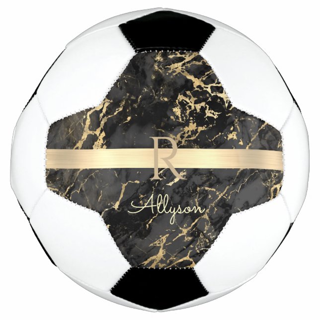 DIY Name & Monogram, Gold Bar, Black & Gold Marble Soccer Ball (Front)