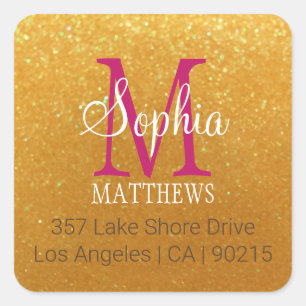 DIY Name & Monogram, Gold Glitter, Maroon, White Square Sticker