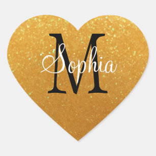 DIY Name & Monogram, Gold Glitter, White, Black Heart Sticker