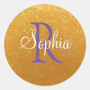 DIY Name & Monogram, Gold Glitter, White, Purple Classic Round Sticker
