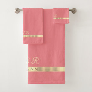 DIY Name & Monogram, Gold Stripes, Pink Salmon Bath Towel Set
