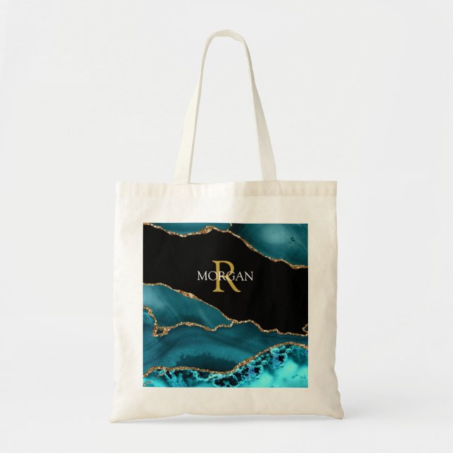 DIY Name/Monogram Gold White, Teal Blk Gold Agate Tote Bag (Front)