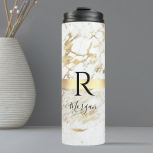 DIY Name Script & Monogram Blk, White/Gold Marble Thermal Tumbler