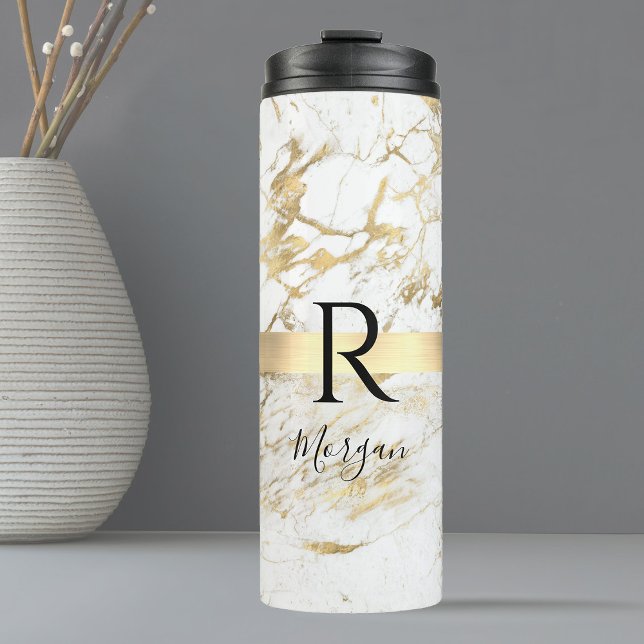  DIY Name Script & Monogram Blk, White/Gold Marble Thermal Tumbler (Creator Uploaded)