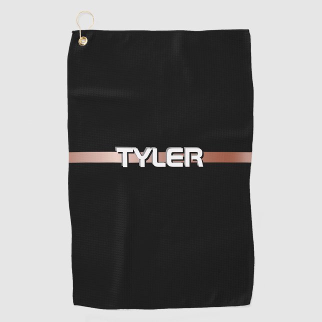 DIY Name White Black& Grey Rose Gold Stripe, Black Golf Towel (Front)